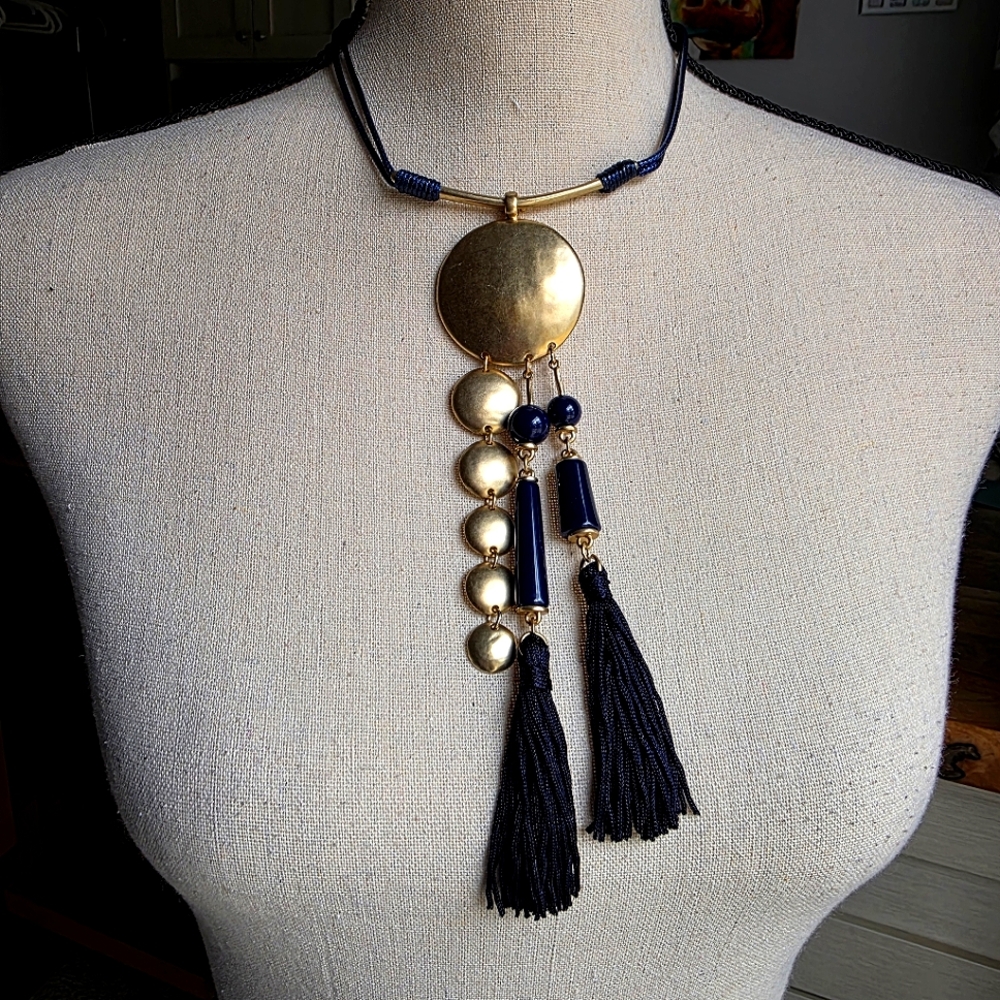 NWT Chico's Natalie Stunning Gold Blue Tassel Adjustable Necklace